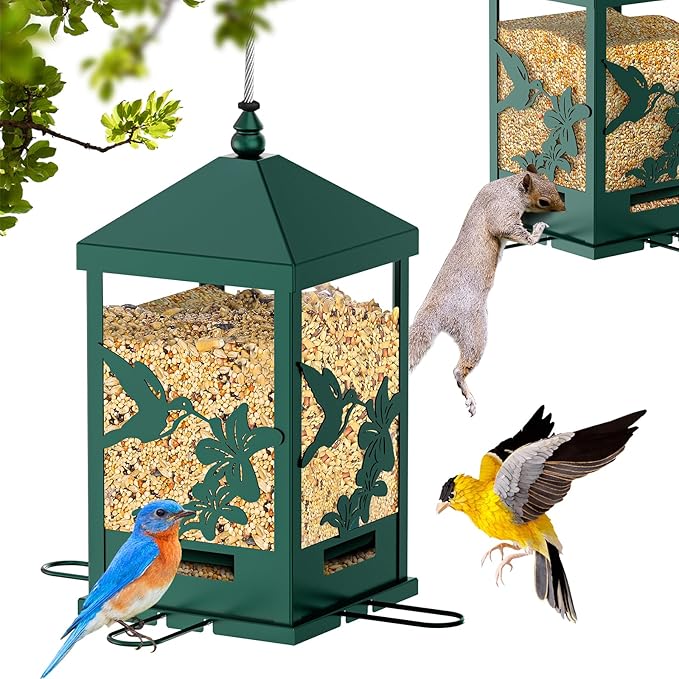 Squirrel Proof Bird Feeders for Outdoors, 6LBS Extra Large Capacity Hanging Metal Bird Feeder with Weight-Activated Perches, Wild Bird Feeders for Outside Finch, Cardinal, Blue Jay-VerdiqueGarden