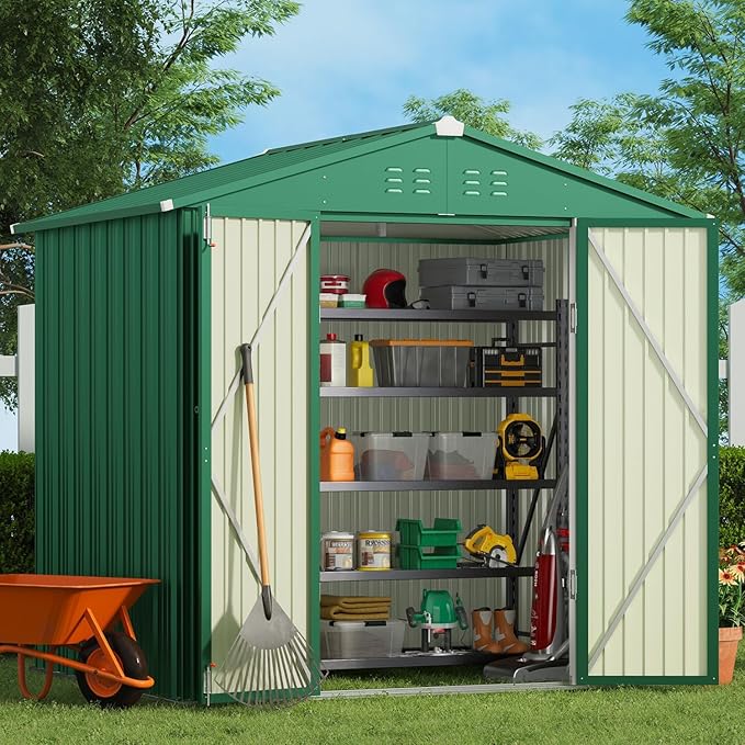 Gizoon Outdoor Storage Shed 8 x 6 FT, Galvanized Metal Garden Shed with Double Lockable Doors, Outdoor Storage Clearance for Backyard Patio Lawn-Green-VerdiqueGarden