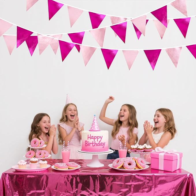 Hot Pink Party Decorations Metallic Fabric Gradient Pink Triangle Pennant Banner Flag Bunting Garland for Women Girl Birthday Retirement Bridal Shower Wedding Baby Shower Bachelorette Party Supplies-VerdiqueGarden