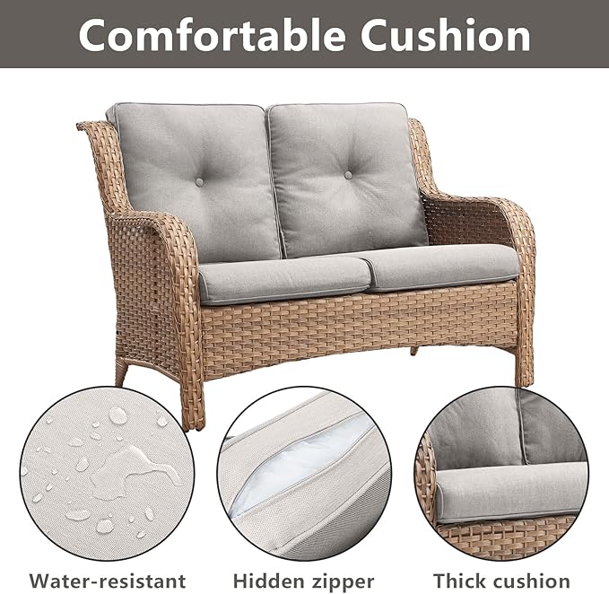 Outdoor Wicker Patio Furniture Set - 6 Piece Rattan Patio Conversation Set with 2 Rocking Swivel Chairs,2 Ottomans,1 Loveseat and 1 Coffee Table for Porch Deck Backyard Garden(Yellow/Beige)-VerdiqueGarden