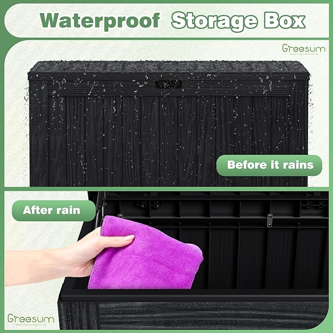Greesum 120 Gallon Outdoor Storage Box with Lock - Large Resin Deck Box, Reinforced Lid for Garden, Patio, Lawn, Black-VerdiqueGarden