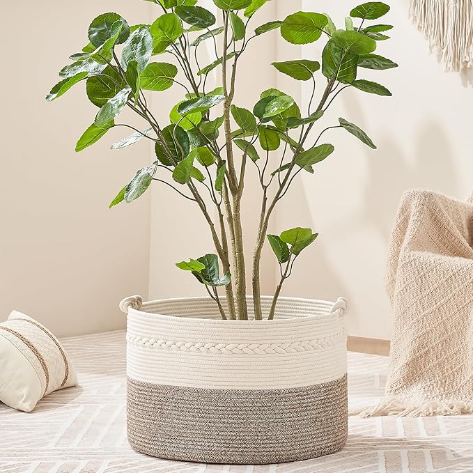 KAKAMAY Large Blanket Basket (20"x13"),Woven Baskets for storage Baby Laundry Hamper, Cotton Rope Blanket Basket for Living Room, Laundry, Nursery, Pillows, Baby Toy chest (White/Beige)-VerdiqueGarden