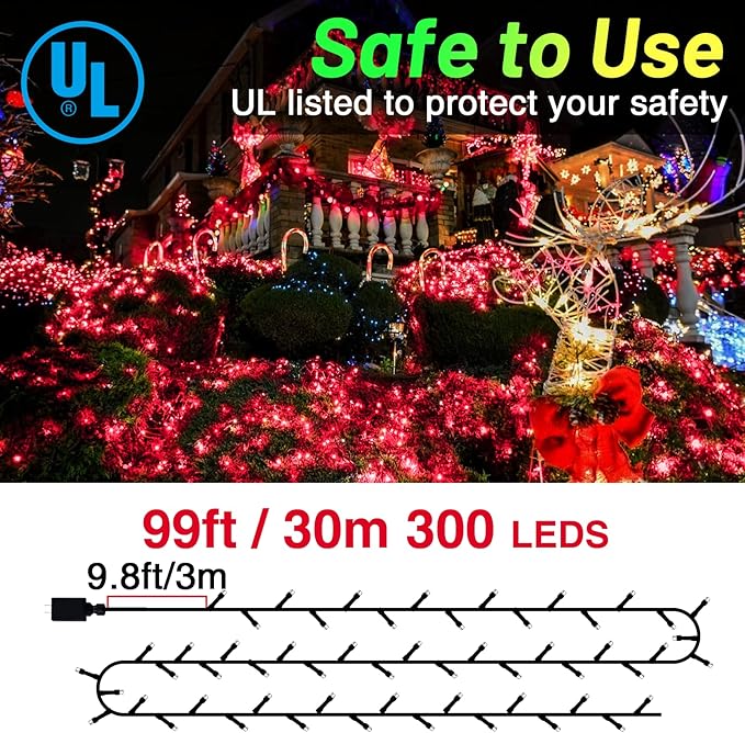 KNONEW Outdoor Christmas Lights 300 LED 99ft String Lights 8 Modes & Memory Fairy Light Plug in Waterproof LED String Lights for Xmas Yard Tree Wedding Party Holiday Decorations (Red)-VerdiqueGarden