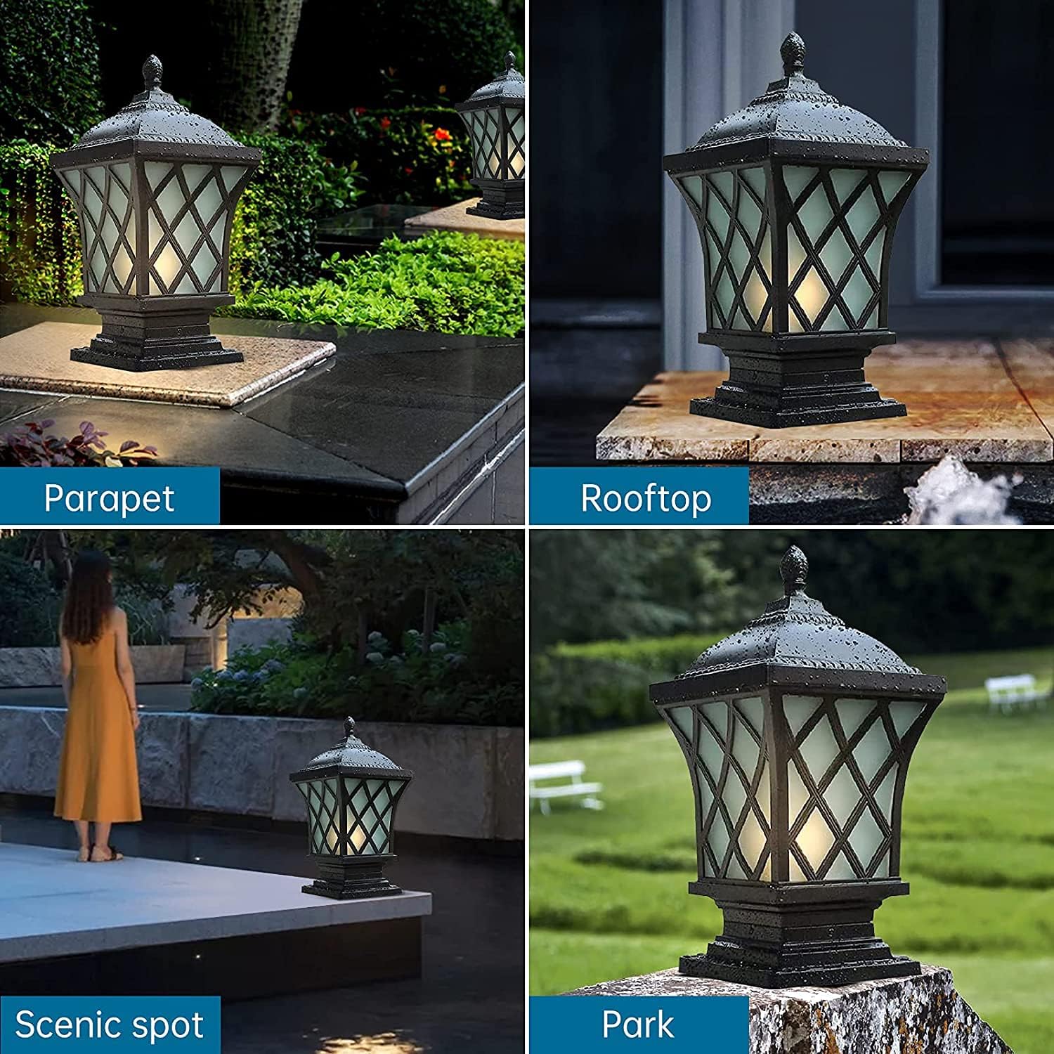 Outdoor Column Lights, 18.9″ Modern Column Lamp IP54 Waterproof Glass Post Light Outdoor E26 Aluminum Fence Post Light Fixtures for Villa Garden Park Lighting Black Pillar Lights-VerdiqueGarden