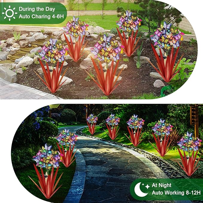 Homight Solar Metal Agave Butterfly Flower Stick Garden Sculpture - Outdoor Gift, Christmas Lights - Swaying Butterfly Garden Lights - Solar Outdoor (3 PCS RED)-VerdiqueGarden