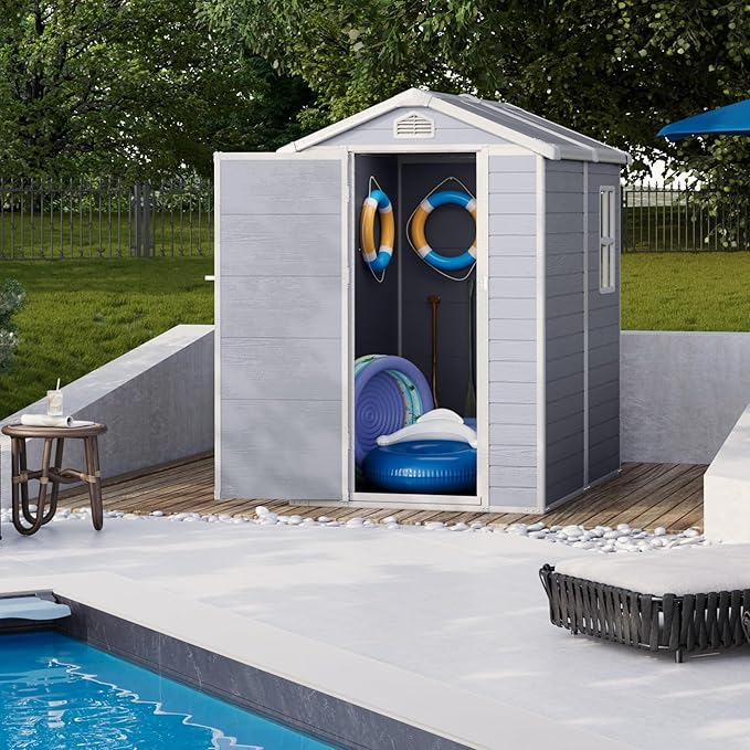 Storage Shed Plastic Outdoor Storage Shed Waterproof Container House with Lockable Door and Transparent Window for Garden, Lawn, Backyard, Patio (6x4FT)-VerdiqueGarden