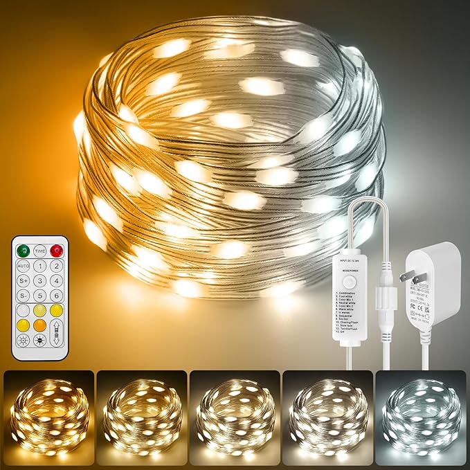HOUHUI Fairy Lights Plug in Outdoor, 100Ft 2700K-6500K White Christmas Fairy Light IP67 Waterproof with Remote, 8 Modes, Warm-Cool White LED Fairy Twinkle Lights for Bedroom Garden Trees Party Decor-VerdiqueGarden