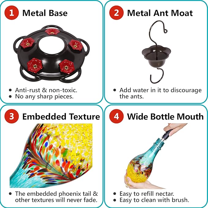 LUJII Hand Blown Glass Hummingbird Feeder for Outdoors with Ant Moat, Leak Proof & Rustproof,36 fl.oz, Metal Base Cover with 5 Feeding Ports & 5 Perches, Glass Art for Garden Decor (Blue Mixed Yellow)-VerdiqueGarden