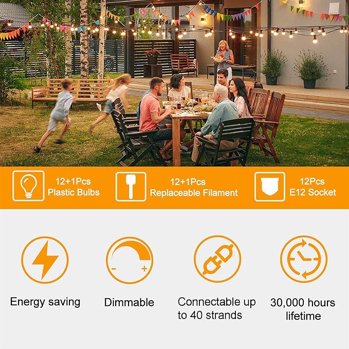 ZOTOYI Outdoor String Lights 25FT, Waterproof IP65 Patio Lights with 13 Shatterproof ST38 LED Bulbs, Outside Hanging Light Dimmable for Backyard, Bistro, Cafe, Garden 2700K Warm White-VerdiqueGarden