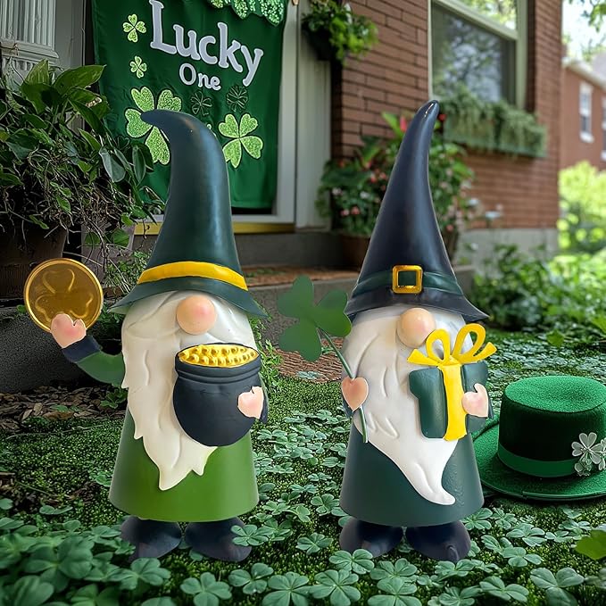 HONGLAND St. Patricks Day Decorations Outdoor Green Gnomes, Metal Gnomes Figurine Irish Leprechaun St Patricks Day Decor, Luck Shamrock Gnome for Home Outside Garden Lawn Party Yard Patio (14 INCH)-VerdiqueGarden