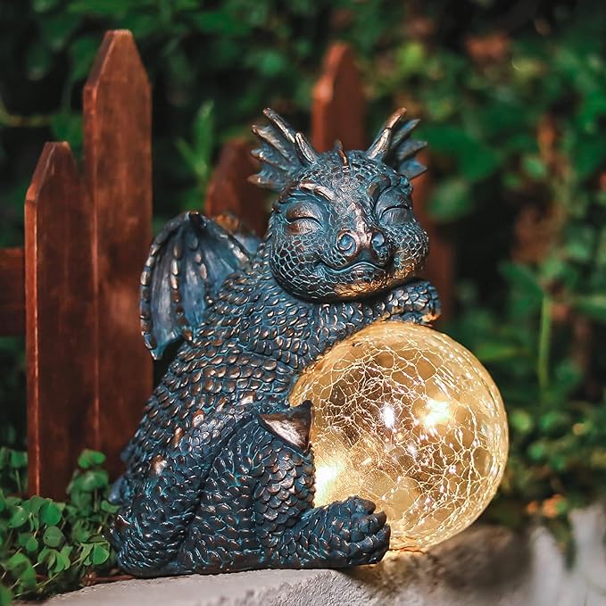 WONDER GARDEN Dragon Statue - Sleeping Dragon Figurines Solar Light Resin Garden Statues with Crackled Glass Globe Outdoor Waterproof Lawn Ornament Decor-VerdiqueGarden