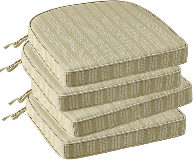 Outdoor Round Corner Seat Cushion, 17"x16"x2", Set of 4, Non Slip Seat Cushion Pads with Removable Cover for Patio Furniture, Garden Yard Lawn, Beige Brown Stripe-VerdiqueGarden