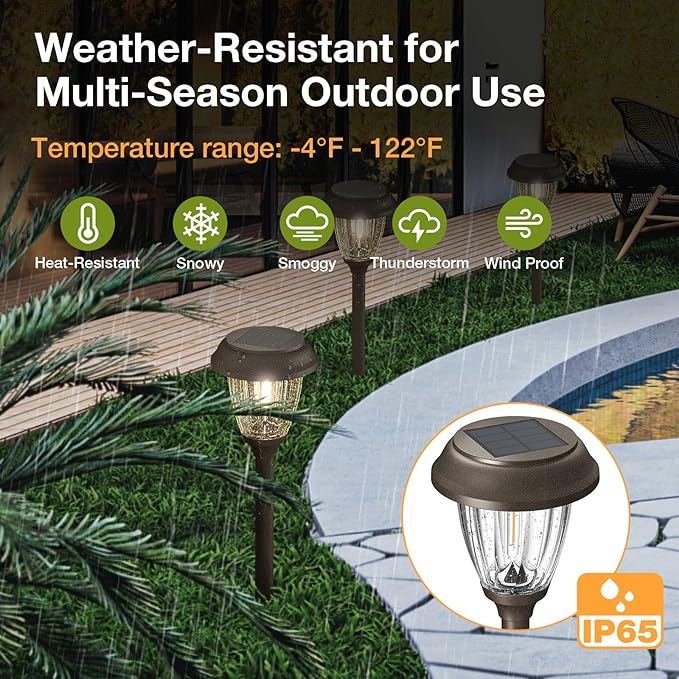 XMCOSY+ Solar Lights Outdoor 10/25 LM LED with 2 Lighting Modes, Solar Garden Lights Glass and Metal, IP65 Waterproof Solar Powered for Yard Pathway Walkway Driveway Patio (6 Pack, Warm White)-VerdiqueGarden