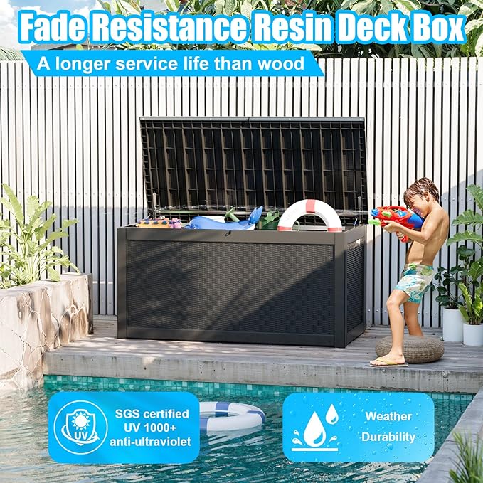 260 Gallon Large Resin Deck Box, Lockable Outdoor Storage Box for Patio Cushions Storage Furniture,Garden Tools, Pool Supplies, Weatherproof and UV Resistant-Black Rattan (260 Gallon)-VerdiqueGarden