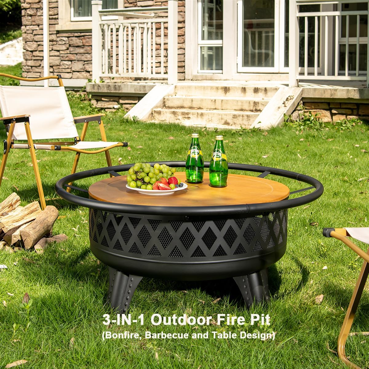 38 Inch Wood Burning Fire Pit for Outside, Round Firepit with Grill & Metal Lid, Metal Outdoor Fire Pit Table for Patio Backyard Garden Bonfire Party-VerdiqueGarden
