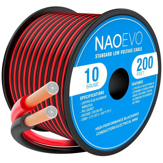 NAOEVO 10 Gauge Wire 200FT, 2 Conductors Electrical Wire Red Black Cable, Flexible/Low Voltage/PVC 10 AWG Copper Clad Aluminum Extension Cord for Speaker, LED Strips, Automotive 12V/24V DC-VerdiqueGarden