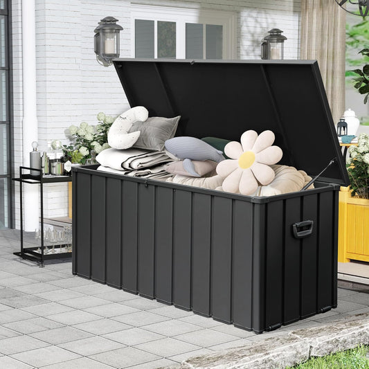 160 Gallon Outdoor Storage Deck Box Made of Galvanized Steel, Waterproof All Weather Outside Storage Bench UV-Resistant on Wheel, Lockable Package Delivery Box for Porch, Cushion, Tools, Grey-VerdiqueGarden