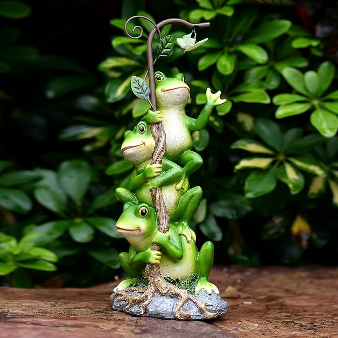 Frog Figurine Garden Decor, Solar Resin Frogs Outdoor Statue, Funny Frog Gift Sculpture Decoration for Home Patio Yard Lawn Porch Ornament-VerdiqueGarden