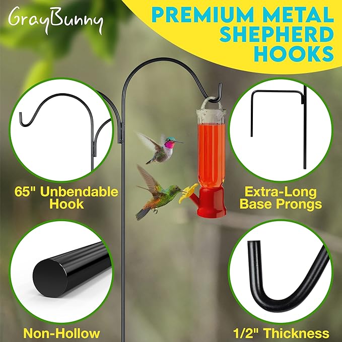 Gray Bunny Dual Sided Shepherds Hooks for Outdoor - 65" Heavy Duty Metal Bird Feeder Pole & Lantern Pole, 1/2" Thick Plant Hangers Outdoor, Great for Weddings Décor & Mason Jars - Black-VerdiqueGarden