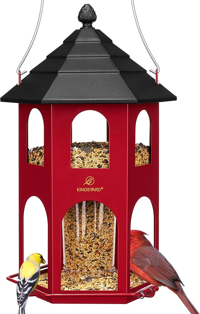 Kingsyard Metal Bird Feeder for Outdoor Hanging, Wild Bird Feeders with Circular Perch, Easy to Clean & Refill, 4 lbs Large Seed Capacity, Red-VerdiqueGarden