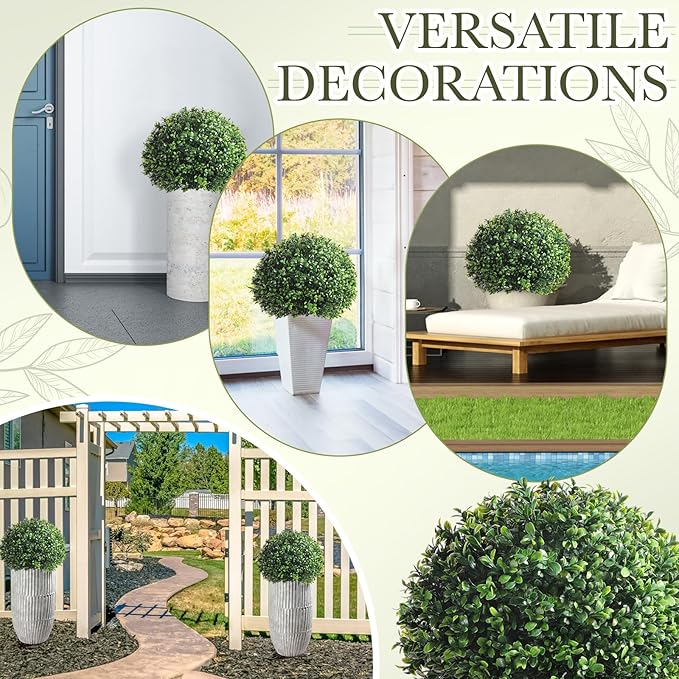 Yunlly 4 Pack 18" Artificial Boxwood Ball Bush Topiary Trees Fake Outdoor Plants, Realistic UV Resistance Faux Shrubs with Spike Greenery Topiary Potted for Front Porch Garden Yard Patio Indoor Decor-VerdiqueGarden