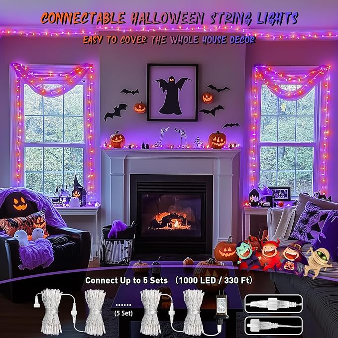 JMEXSUSS Halloween Lights Outdoor, 66FT Purple Orange Lights for Halloween Decorations, 200 LED Halloween String Lights Indoor for Bedroom Fireplace Mantel Party Patio Yard Door Halloween Tree-VerdiqueGarden