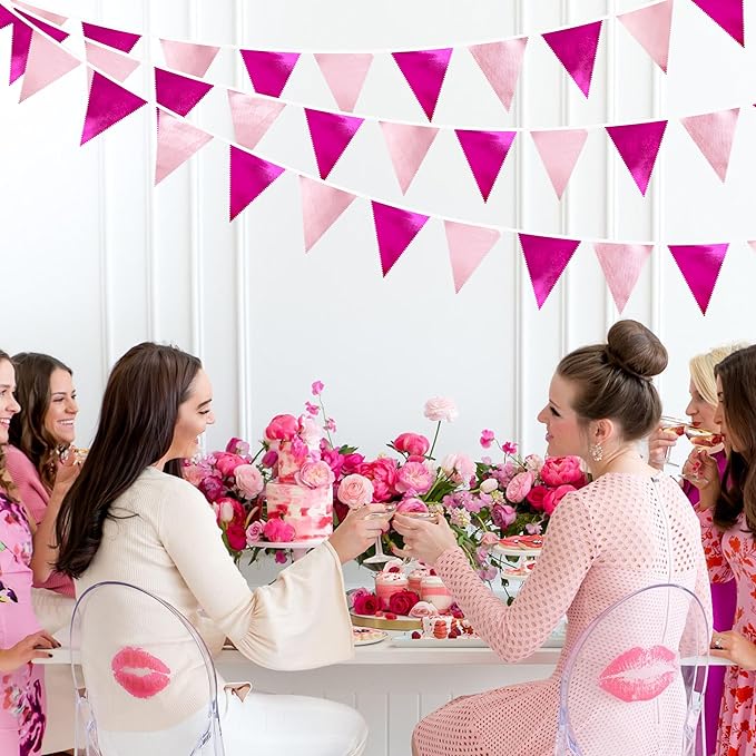Hot Pink Party Decorations Metallic Fabric Gradient Pink Triangle Pennant Banner Flag Bunting Garland for Women Girl Birthday Retirement Bridal Shower Wedding Baby Shower Bachelorette Party Supplies-VerdiqueGarden