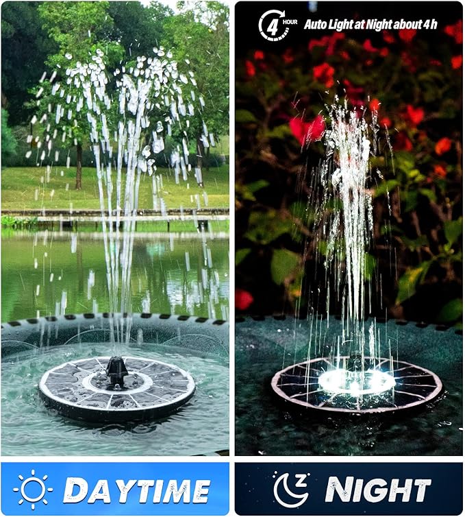Solar Fountain Glass Panel with 2200 mah Battery, 3.5W Floating Solar Water Fountain with 4 Fixed Rods, Solar Fountain Pump for Bird Bath, Garden, Pond, Pool, Outdoor-White Lights-VerdiqueGarden