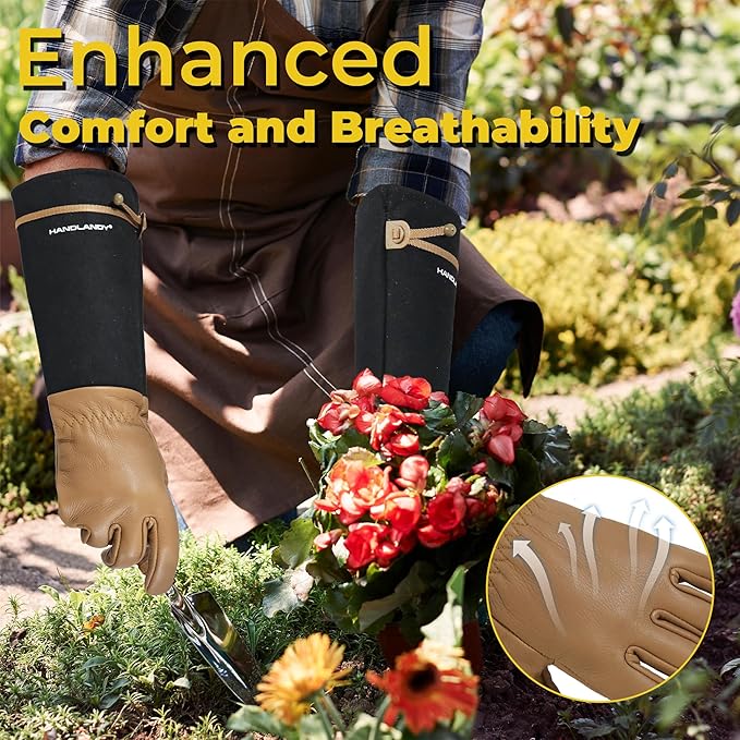 HANDLANDY Long Gardening Gloves for Men & Women, Cowhide Leather Rose Pruning Gloves, Breathable Thorn Proof Gauntlet Glove (Brown-Cowhide, S)-VerdiqueGarden