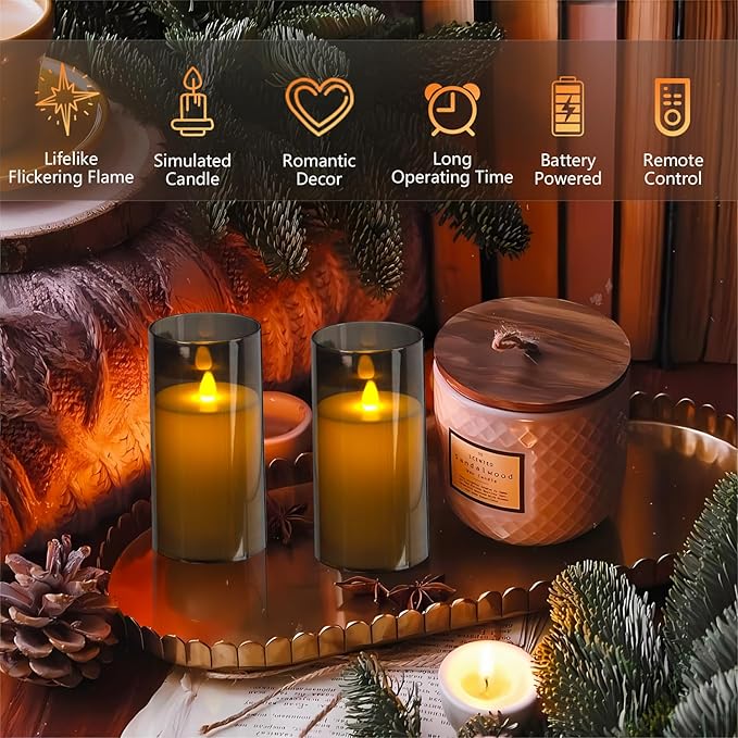 Metaku Flickering Flameless Candles Battery Operated 3D Moving Wick LED Candles with Remote, Set of 2 Grey Acrylic Electric Candles for Christmas Halloween Valentines Wedding Home Decor,D 3"×H 6"-VerdiqueGarden