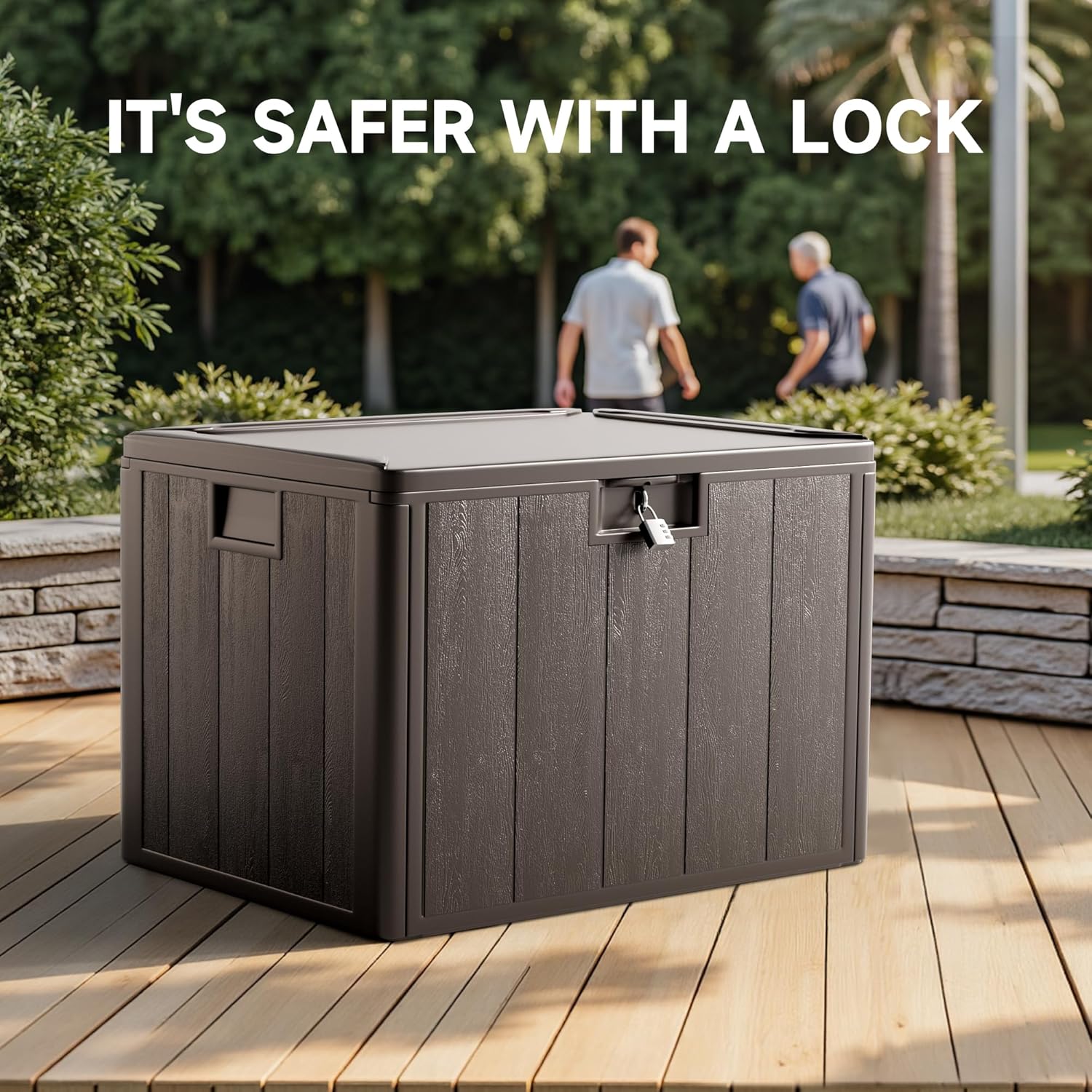 40 Gallon Deck Box, Double Layer Waterproof Resin Outdoor Indoor Storage Box, Lockable & UV Resistant Storage Bin for Patio Furniture, Garden Tools, Pool Accessories (Brown)-VerdiqueGarden