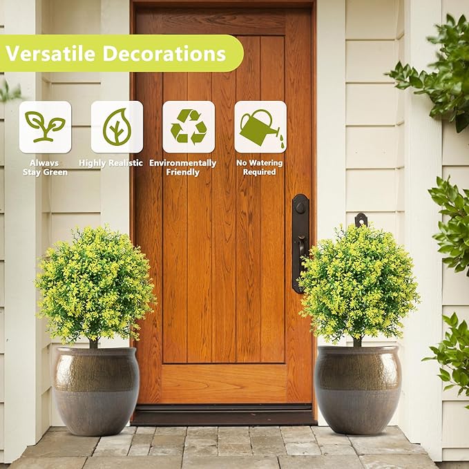 28" Artificial Boxwood Topiary Tree Yellow– UV Resistant Outdoor Faux Topiary Plant, Realistic Fake Topiary Bush for Porch, Patio, Front Door, Fake Evergreen Tree Home Decor-VerdiqueGarden