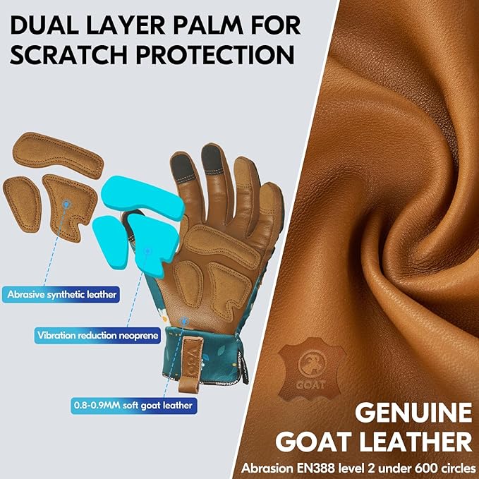 Vgo... 1Pair Gardening Gloves for Women, Goatskin leather Thorn Proof Working Gloves for Weeding, Digging, Raking, Pruning and Planting,Touchscreen (M,Dark Green,GA7471)-VerdiqueGarden