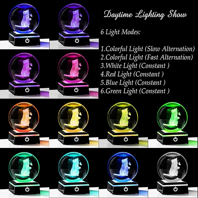 3D Cat Crystal Ball Cat Lover Gifts for Women 3D Cat Figurines Home Decor Cat Collectibles Snow Globes Gift for Girl Cat Lamp for Bedroom Unique Cat Gifts for Her-VerdiqueGarden