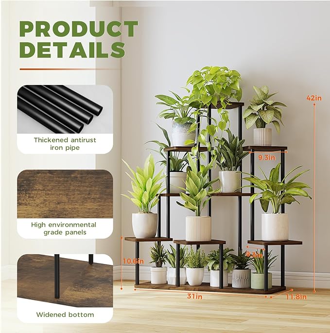 Bamworld Large Plant Stand Indoor, 9 Tier Tall Metal Plant Shelf for Multiple Plants, Tiered Flower Stand for Patio Garden Balcony Living Room Bedroom(Brown)-VerdiqueGarden