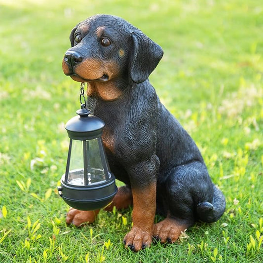 Garden Dog Statues Outdoor Decor, 13" Solar Powered LED Lights Outdoor Statue Garden Decorations Rottweiler Figurine for Patio, Lawn, Yard Art Decoration, Housewarming Garden Gift-VerdiqueGarden