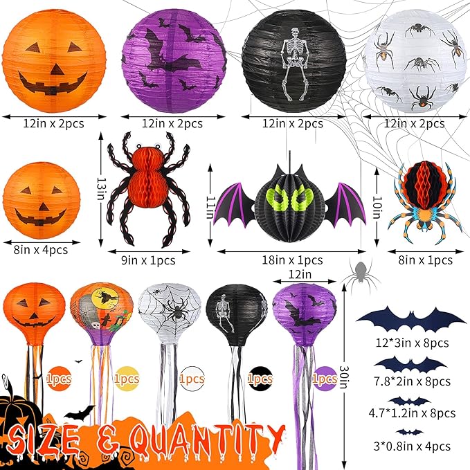 48 Pieces Halloween Decorations Paper Lanterns Pumpkin Skeleton Paper Lanterns 3D Bat Wall Stickers Spider Wall Hanging for Halloween Party Garden Bedroom Cobwebs Indoor Outdoor, 12 Inch and 8 Inch-VerdiqueGarden