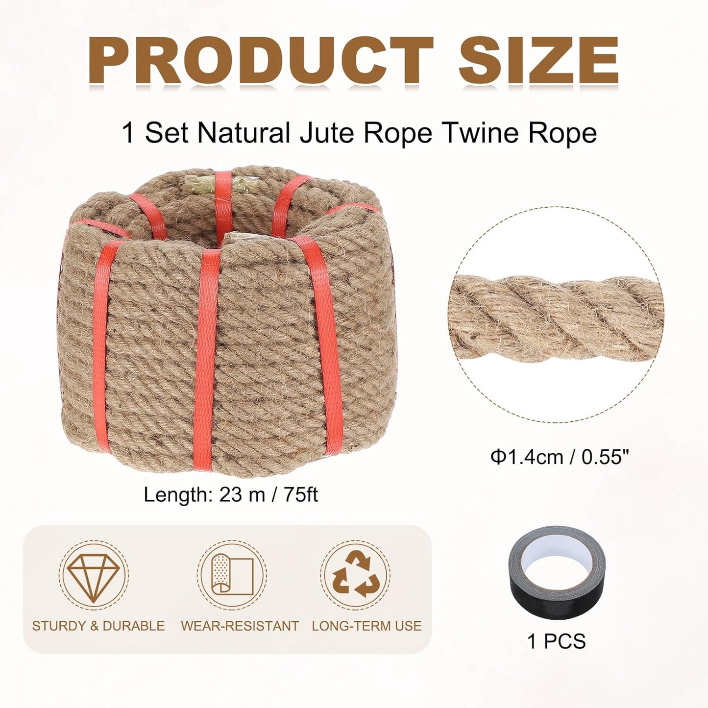 MECCANIXITY Jute Rope 0.55 Inch x 75ft, Thick Twine Rope Ropes Braided Jute Twine Natural Brown Burlap Cord String Heavy Twisted with Tape for Decorative Crafts Railing Swing Tug of War-VerdiqueGarden