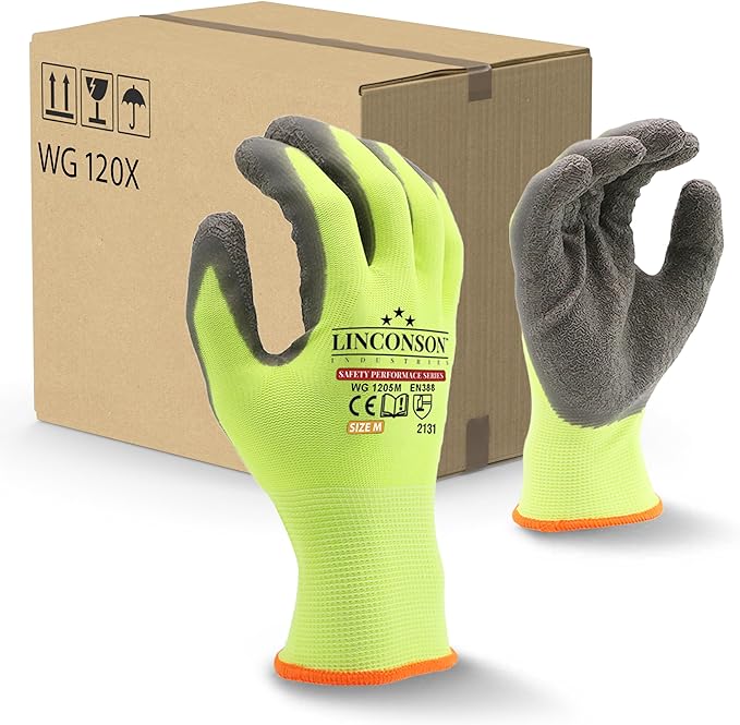 linconson 12 Pack Safety Performance Series Construction Mechanics Wrinkle Latex Work Gloves-VerdiqueGarden