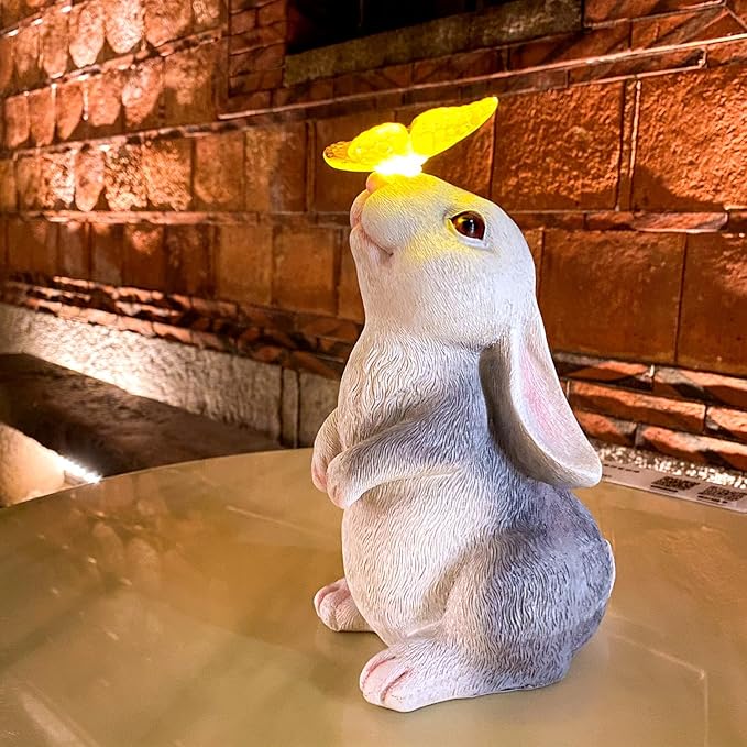 Solar Rabbit Statue Easter Bunny Decor Garden Statue for Outside, Rabbit with Butterfly Patio Sculptures Lawn Ornament, Funny Gifts for Women Mom Grandma Spring Outdoor Decor-VerdiqueGarden