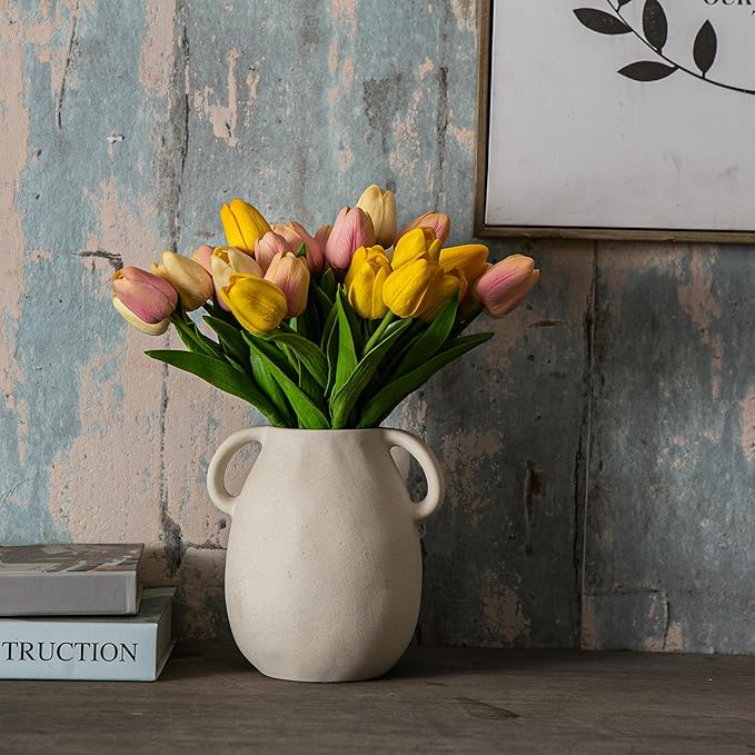 Off-White Ceramic Vase with 2 Handles, Sandstone Texture for Modern Farmhouse Decor, Rustic Pottery, Decorative Flower Vase, Clay Small Vase, Centerpiece for Dining Table - 7 Inch Tall-VerdiqueGarden