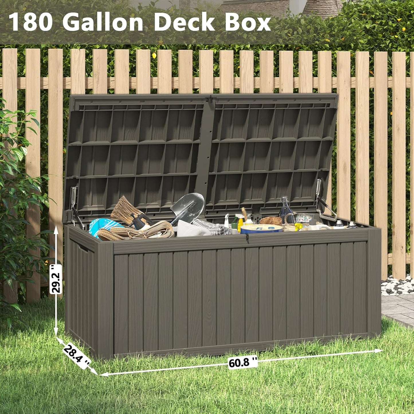 Outdoor Storage Box, 180 Gallon Deck Box, Waterproof and UV Resistant Large Resin Storage Bin, Organization and Storage for Patio Furniture, Outdoor Cushions, Garden Tools, Lockable-VerdiqueGarden