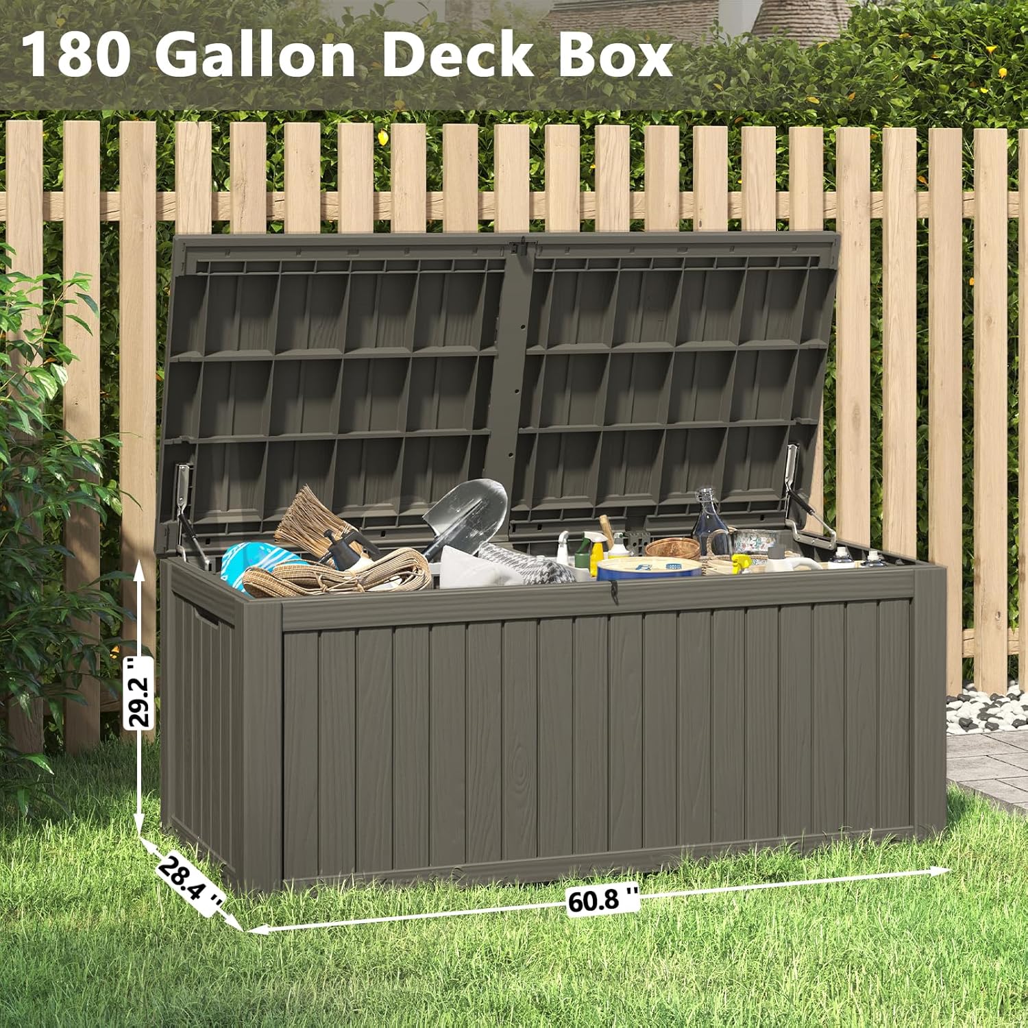 Outdoor Storage Box, 180 Gallon Deck Box, Waterproof and UV Resistant Large Resin Storage Bin, Organization and Storage for Patio Furniture, Outdoor Cushions, Garden Tools, Lockable-VerdiqueGarden