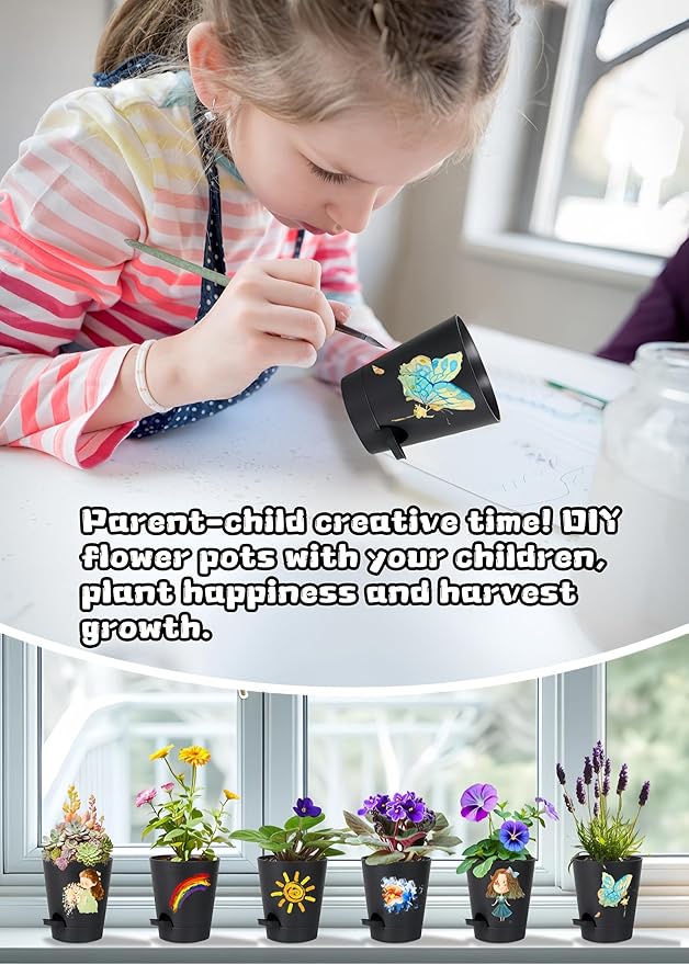 12 Pack 4 Inch Self Watering Plant Pots with Drainage and Saucers，Plastic Flower Pots for Indoor and Outdoor Plants, Nursery Planters for Houseplants and Herbs Black, 4 inch 12pcs-VerdiqueGarden