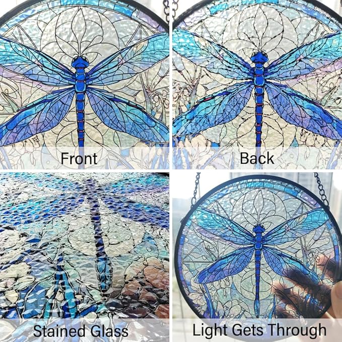 Dragonfly Decor Suncatcher Stained Glass Window Hanging - Handmade Artistic Suncatchers for Windows Hanging - Wall Home Decor Suncatcher with Metal Chain and Hook Gift for Women Mom Home Porch Garden-VerdiqueGarden
