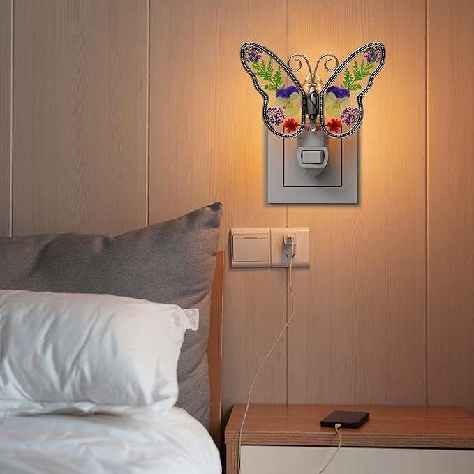 KY&BOSAM Butterfly Night Light Plug into Wall Night Lights Real Flower Glass and Metal Nightlights for Hallway Nursery Bedroom Bathroom Kids Room Kitchen Stairway Accent Elegant Themed Home Decoration-VerdiqueGarden
