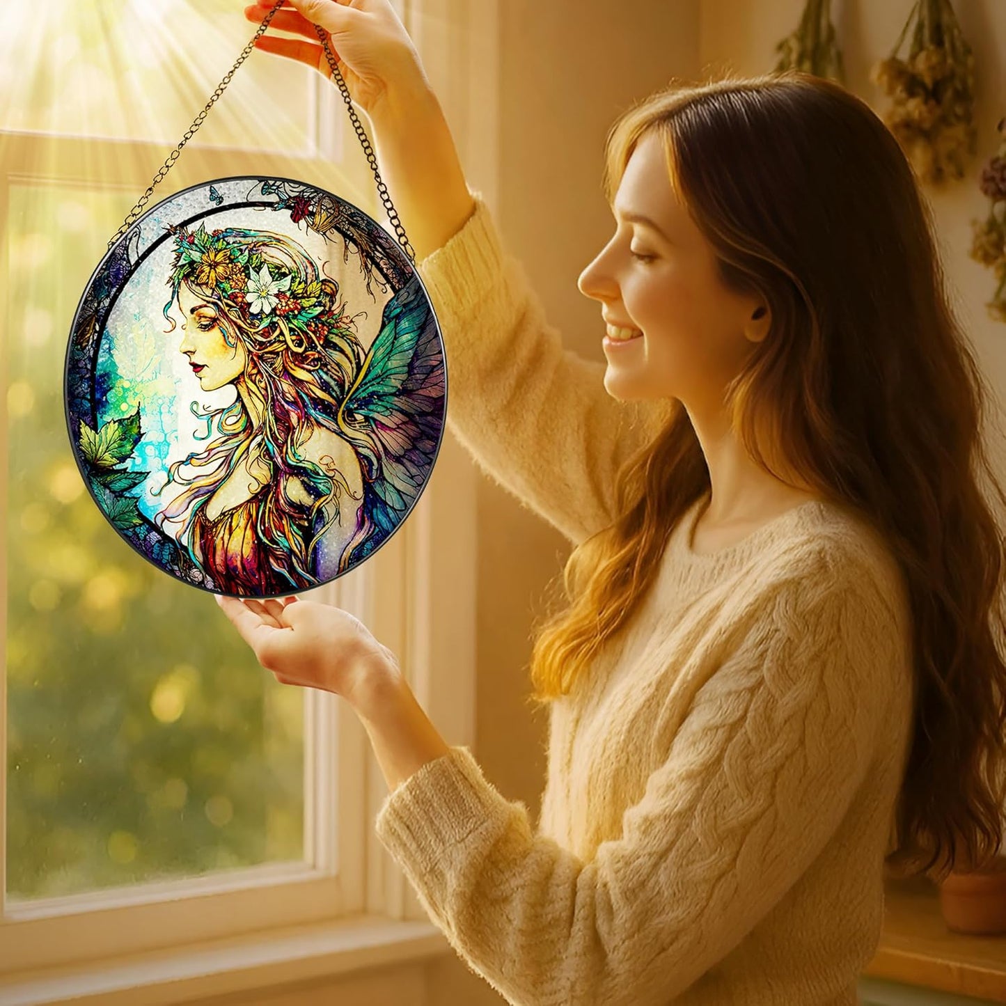 Stained Glass Window Hanging, LAOWEIKI 8'' Fairy Suncatcher, Stained Glass Ornament, Suncatchers for Windows Hanging, Window Decor, Outdoor or Indoor, Gifts for Women, Bestie, Friends-VerdiqueGarden