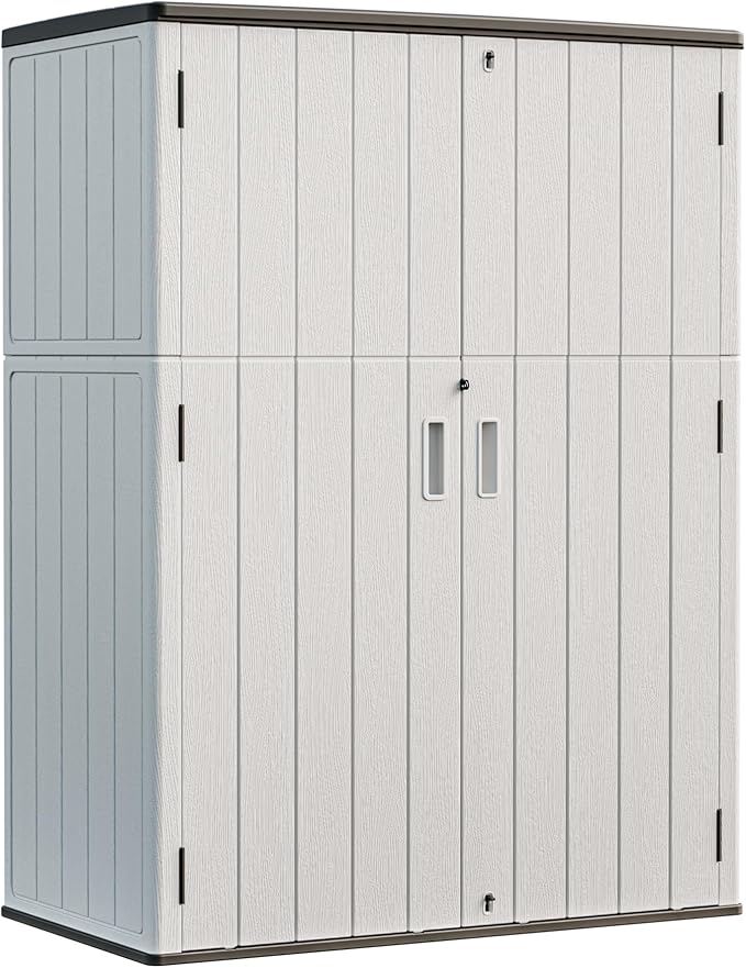 HOMSPARK Outdoor Storage Shed Weather Resistance, Patio Storage Cabinet Lockable Resin Tool Shed for Storage of Bike, Trash Cans, Garden Tools (Light Gray, 66 Cu.ft)-VerdiqueGarden