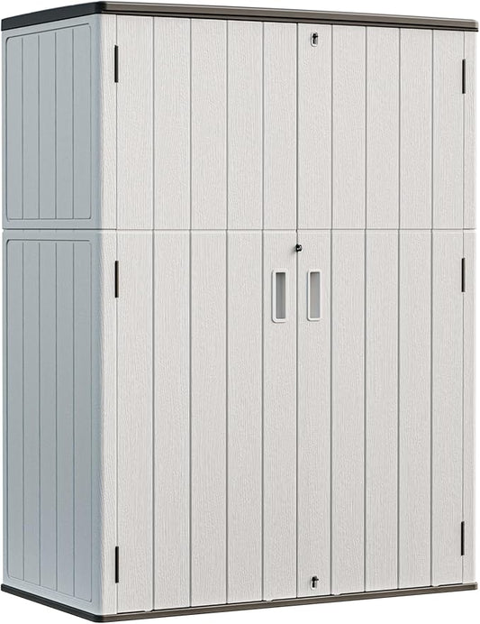 HOMSPARK Outdoor Storage Shed Weather Resistance, Patio Storage Cabinet Lockable Resin Tool Shed for Storage of Bike, Trash Cans, Garden Tools (Light Gray, 66 Cu.ft)-VerdiqueGarden