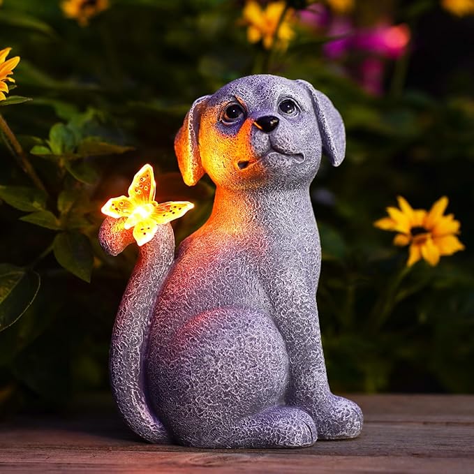 Garden Decor Solar Dog Statues: Outdoor Sculptures with Glowing Butterfly for Lawn Ornaments Yard Art Porch Patio Balcony - Gifts for Mom Grandma Women-VerdiqueGarden
